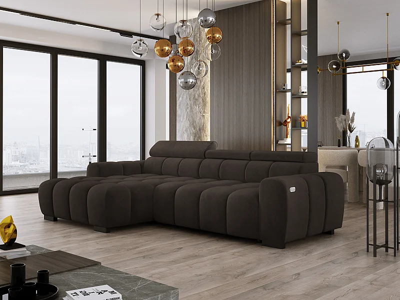 Canapé d'angle OMBO 285x168x77/97 cm, gauche, convertible, siège électr., appuie-têtes, hêtre foncé, tissu hydrophobe SALVADOR – Vert olive