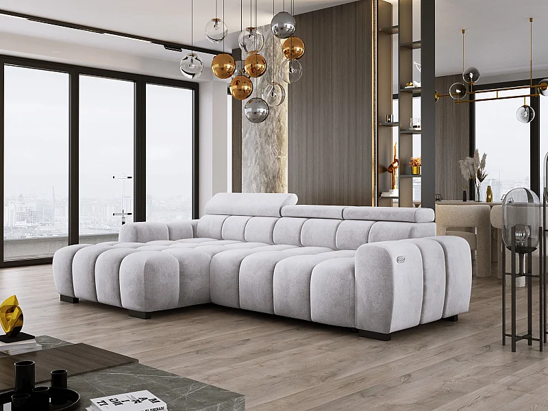 Hoekbank OMBO 285x168x77/97 cm, Linkerkant, Slaapfunctie, Elektrisch Uitschuifbaar Zitvlak, Verstelbare Hoofdsteunen, Zilveren SALVADOR-stof