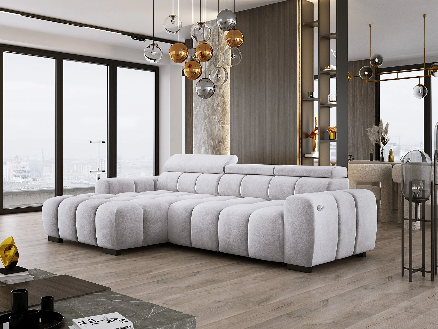 Narożnik OMBO 285x168x77/97 cm, Lewy, Spanie, elektr. siedzisko, zagłówki, ciemna bukowa noga, hydrofobowy materiał SALVADOR – Srebrny