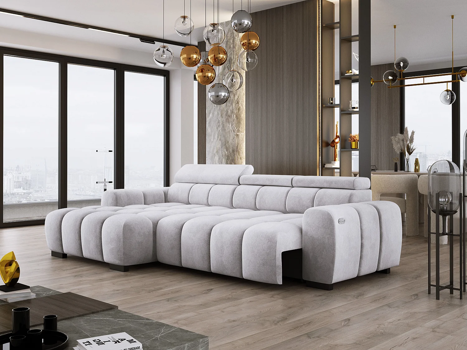 Narożnik OMBO 285x168x77/97 cm, Lewy, Spanie, elektr. siedzisko, zagłówki, ciemna bukowa noga, hydrofobowy materiał SALVADOR – Srebrny