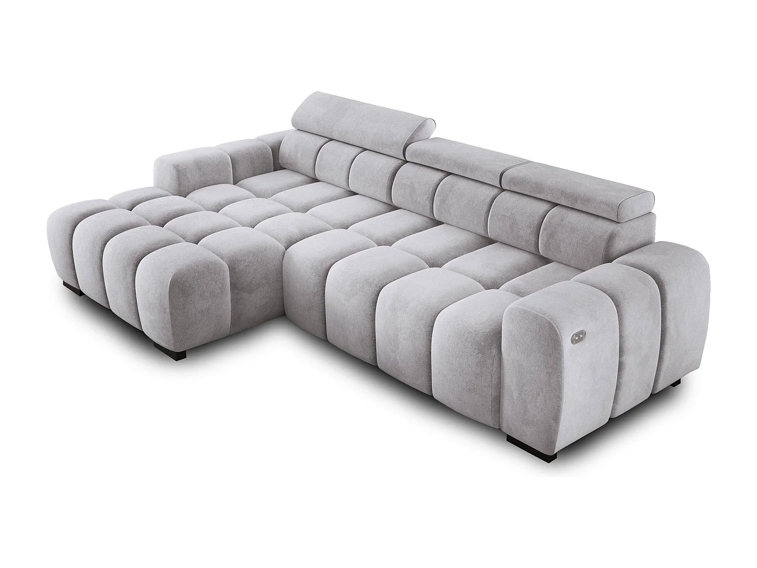 Narożnik OMBO 285x168x77/97 cm, Lewy, Spanie, elektr. siedzisko, zagłówki, ciemna bukowa noga, hydrofobowy materiał SALVADOR – Srebrny