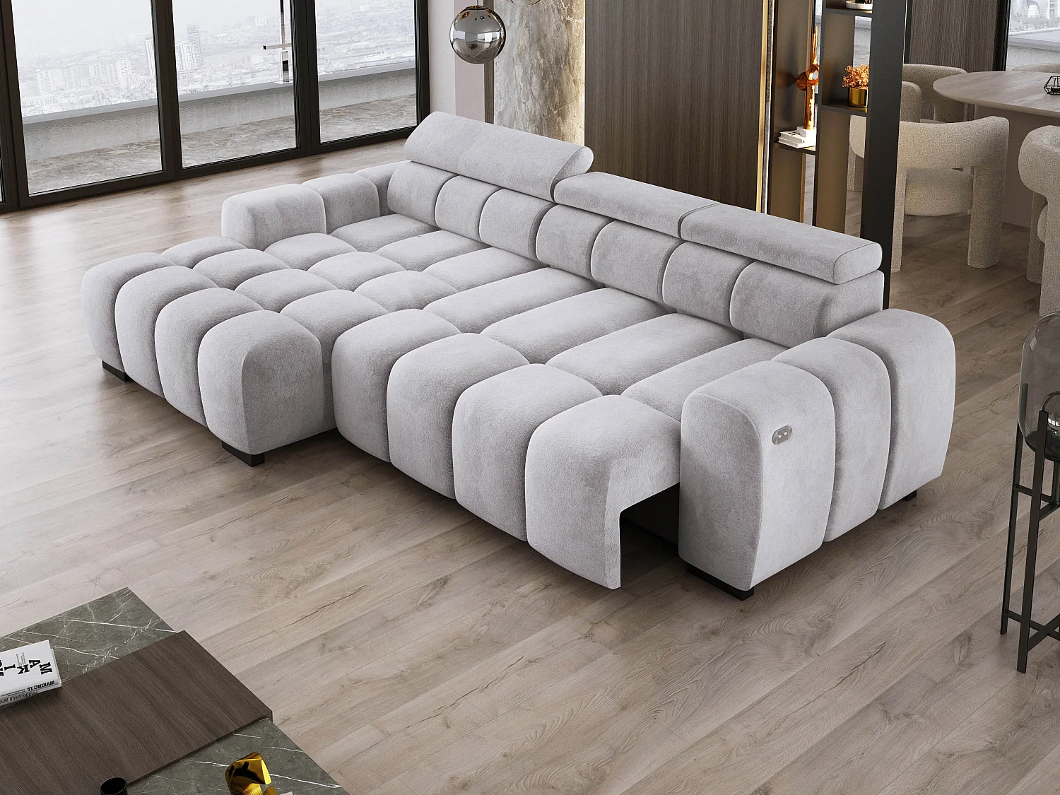 Narożnik OMBO 285x168x77/97 cm, Lewy, Spanie, elektr. siedzisko, zagłówki, ciemna bukowa noga, hydrofobowy materiał SALVADOR – Srebrny