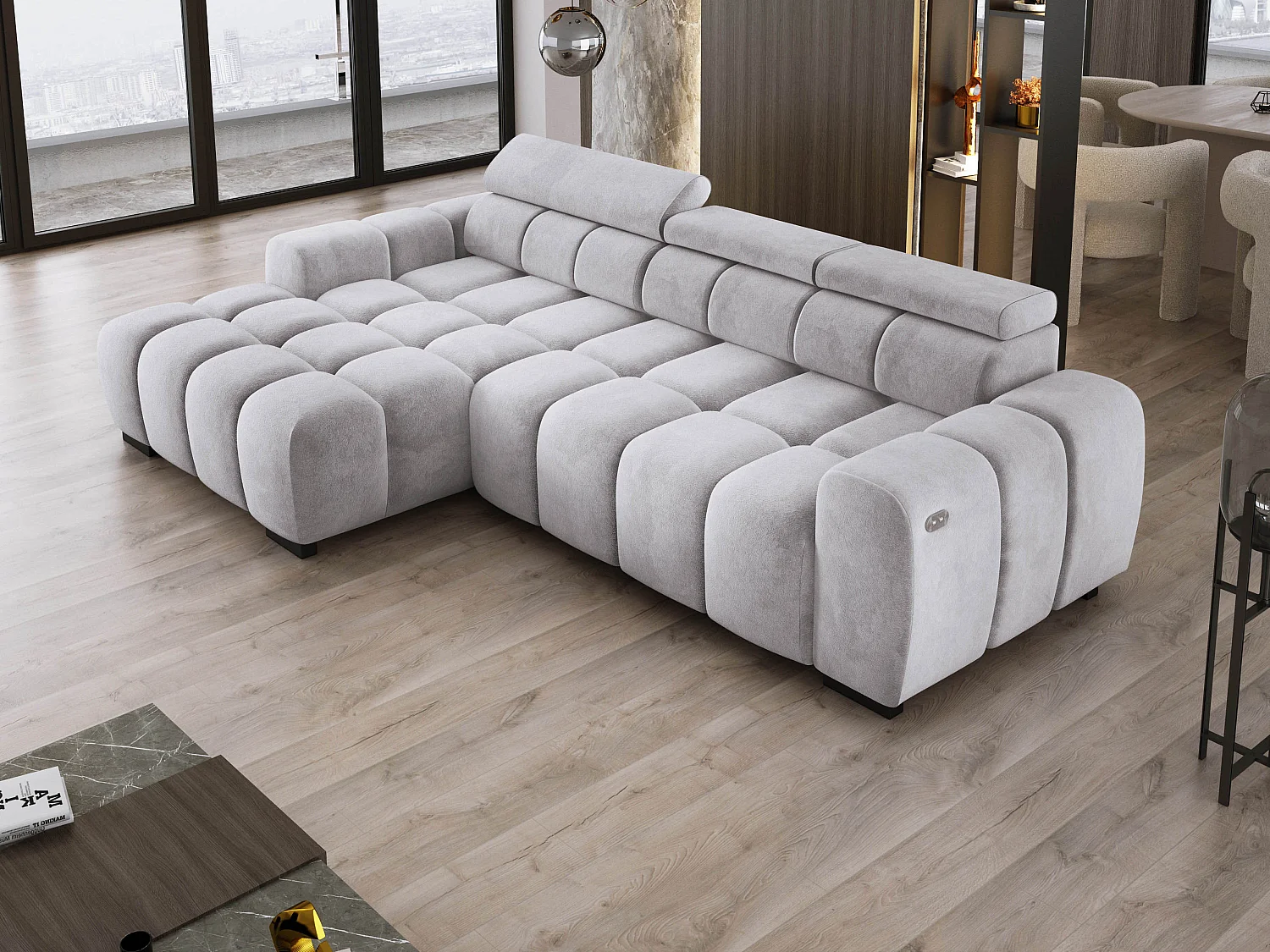 Narożnik OMBO 285x168x77/97 cm, Lewy, Spanie, elektr. siedzisko, zagłówki, ciemna bukowa noga, hydrofobowy materiał SALVADOR – Srebrny