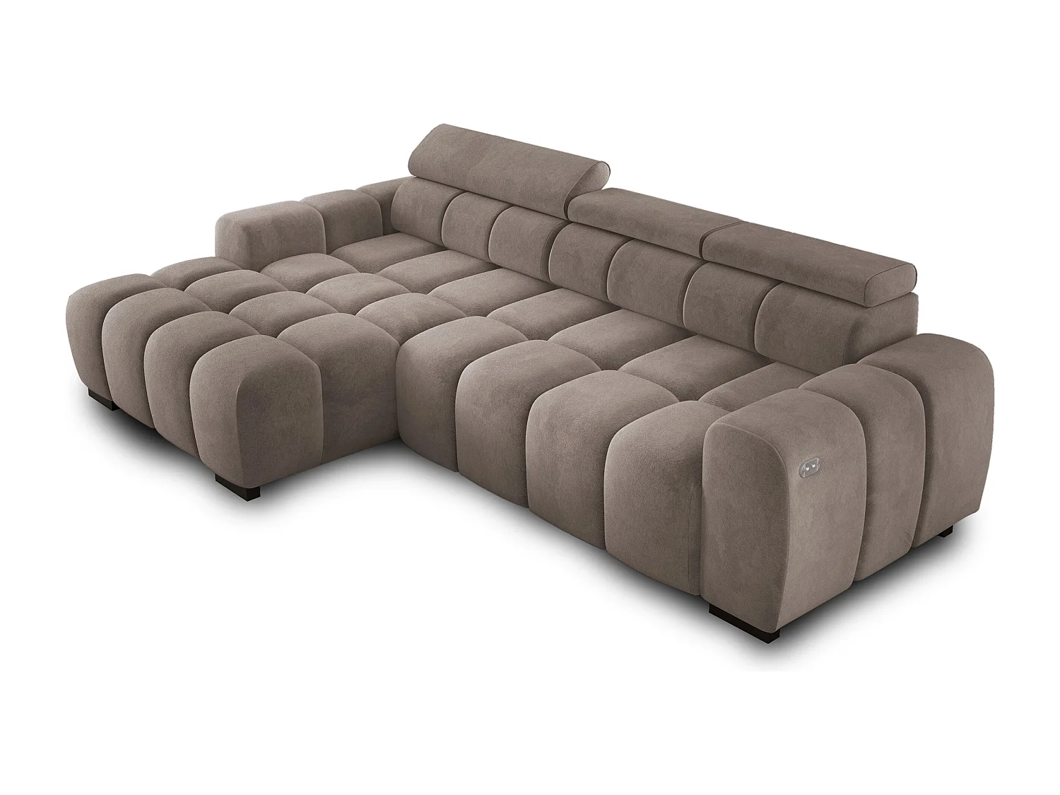 Ecksofa OMBO 285x168x77/97 cm, Links, Schlaffunktion, elektr. Sitz, Kopfstützen, Buche dunkel, hydrophober SALVADOR-Stoff – Grau