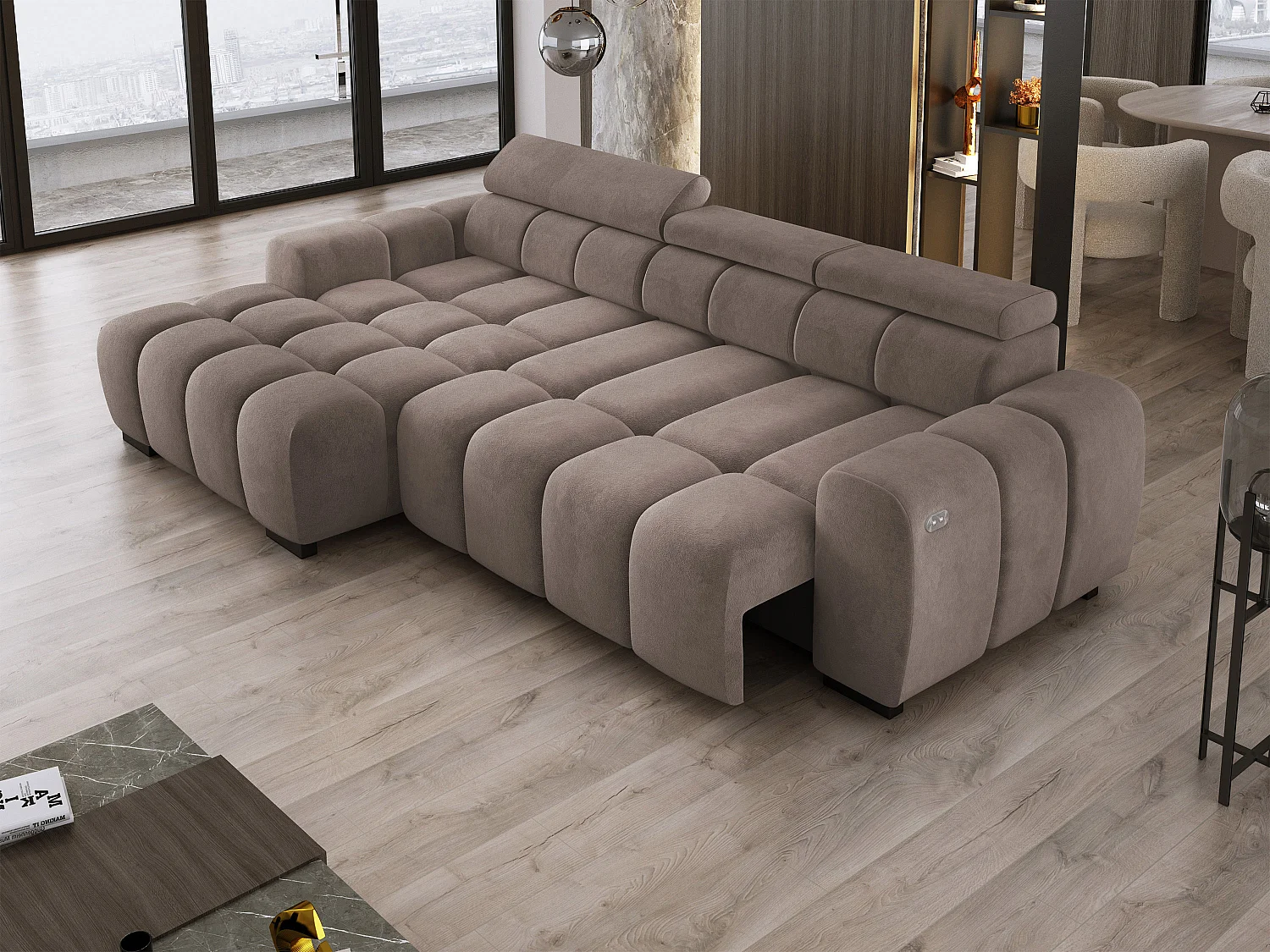 Ecksofa OMBO 285x168x77/97 cm, Links, Schlaffunktion, elektr. Sitz, Kopfstützen, Buche dunkel, hydrophober SALVADOR-Stoff – Grau