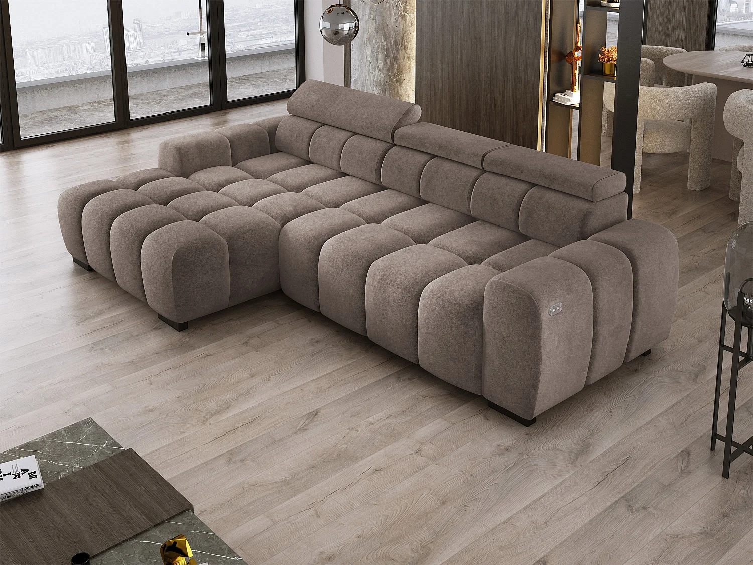 Ecksofa OMBO 285x168x77/97 cm, Links, Schlaffunktion, elektr. Sitz, Kopfstützen, Buche dunkel, hydrophober SALVADOR-Stoff – Grau