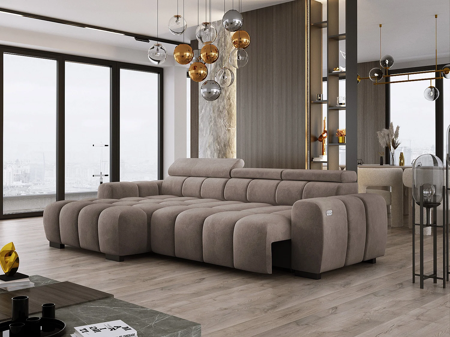 Canapé d'angle OMBO 285x168x77/97 cm, gauche, convertible, siège électr., appuie-têtes, hêtre foncé, tissu hydrophobe SALVADOR – Gris