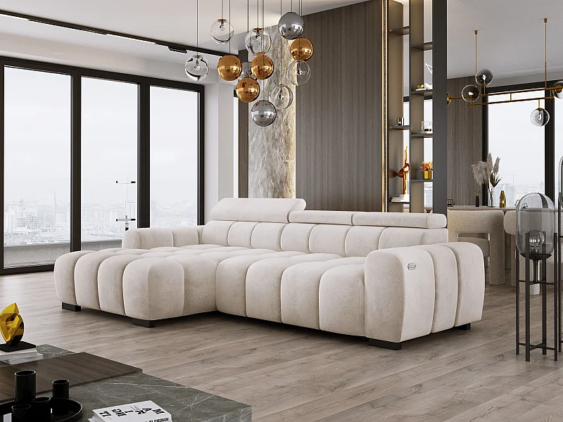 Hoekbank OMBO 285x168x77/97 cm, Linkerkant, Slaapfunctie, Elektrisch Uitschuifbaar Zitvlak, Verstelbare Hoofdsteunen, Cappuccino SALVADOR-stof