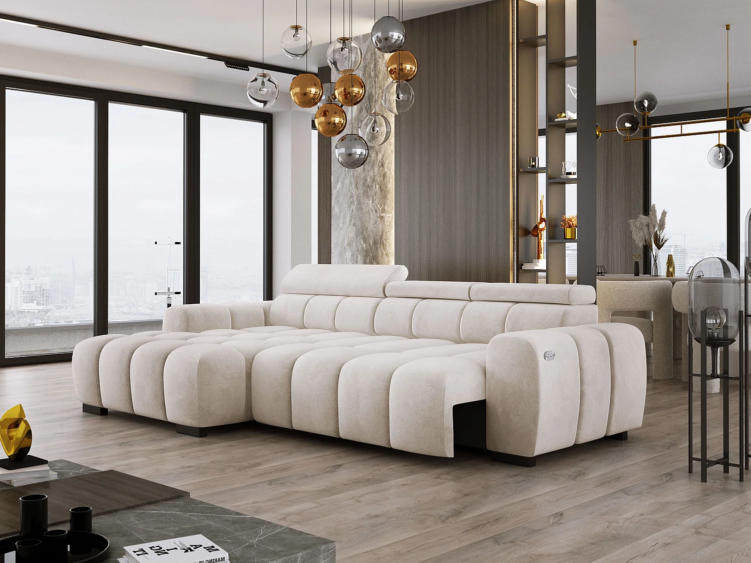 Hoekbank OMBO 285x168x77/97 cm, Linkerkant, Slaapfunctie, Elektrisch Uitschuifbaar Zitvlak, Verstelbare Hoofdsteunen, Cappuccino SALVADOR-stof