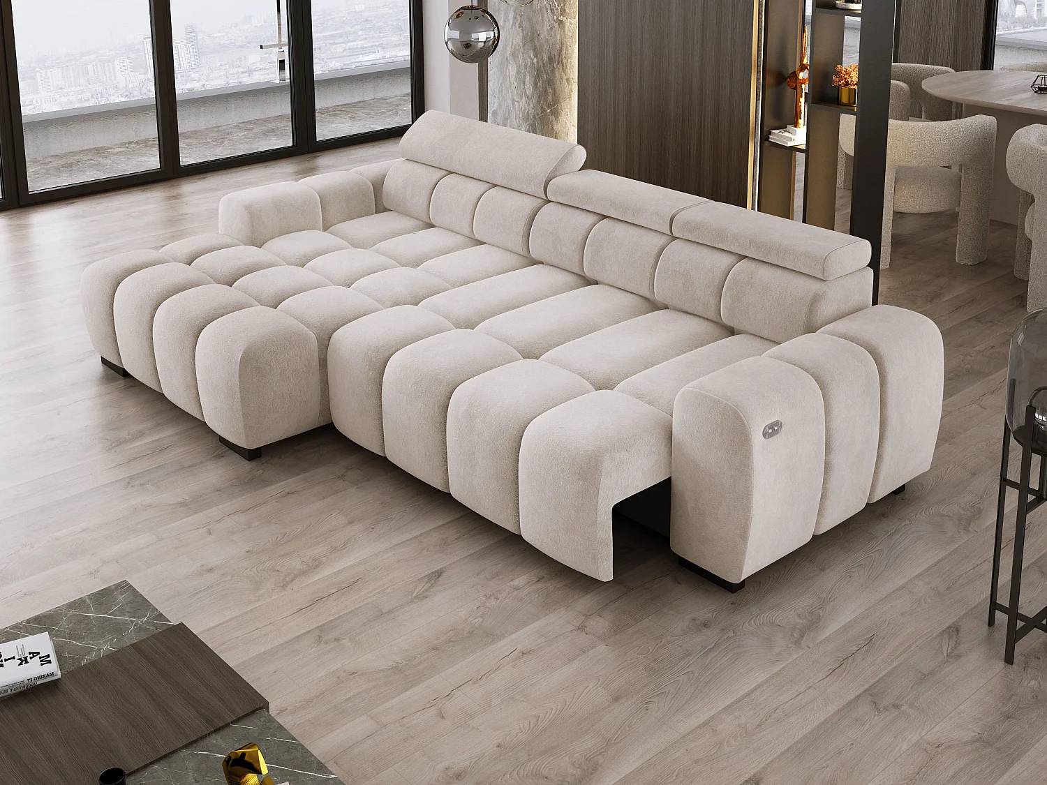 Hoekbank OMBO 285x168x77/97 cm, Linkerkant, Slaapfunctie, Elektrisch Uitschuifbaar Zitvlak, Verstelbare Hoofdsteunen, Cappuccino SALVADOR-stof