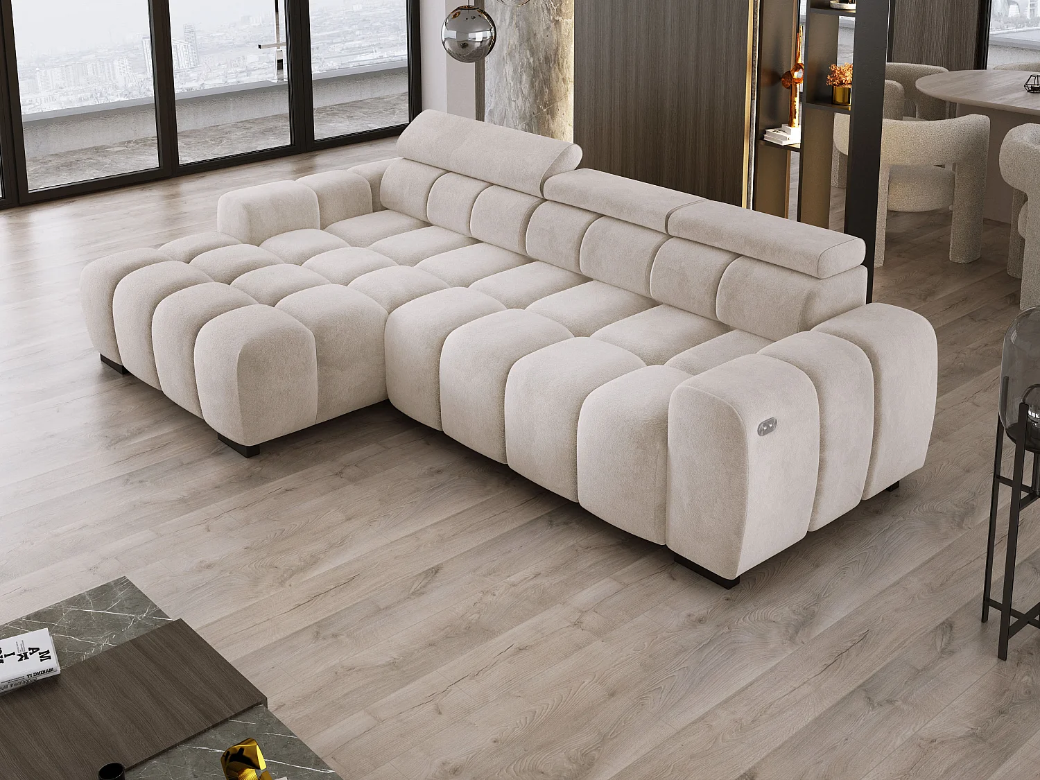 Hoekbank OMBO 285x168x77/97 cm, Linkerkant, Slaapfunctie, Elektrisch Uitschuifbaar Zitvlak, Verstelbare Hoofdsteunen, Cappuccino SALVADOR-stof