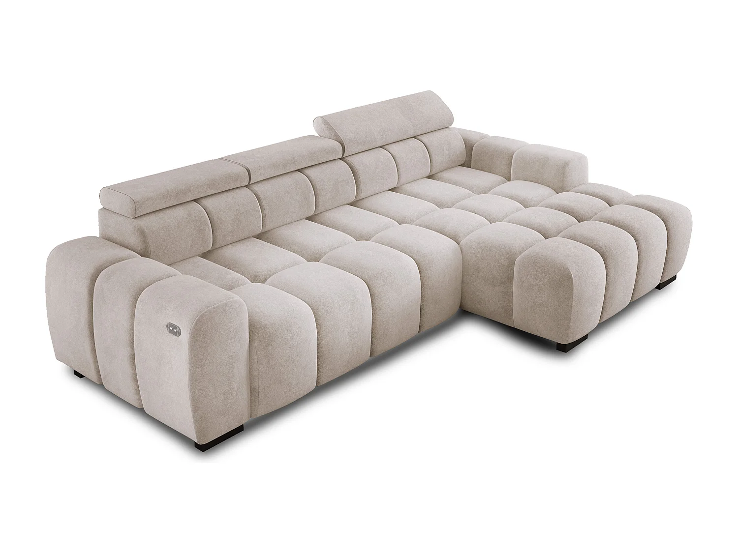 Narożnik OMBO 285x168x77/97 cm, Prawy, Spanie, elektr. siedzisko, zagłówki, ciemna bukowa noga, hydrofobowy materiał SALVADOR – Biały