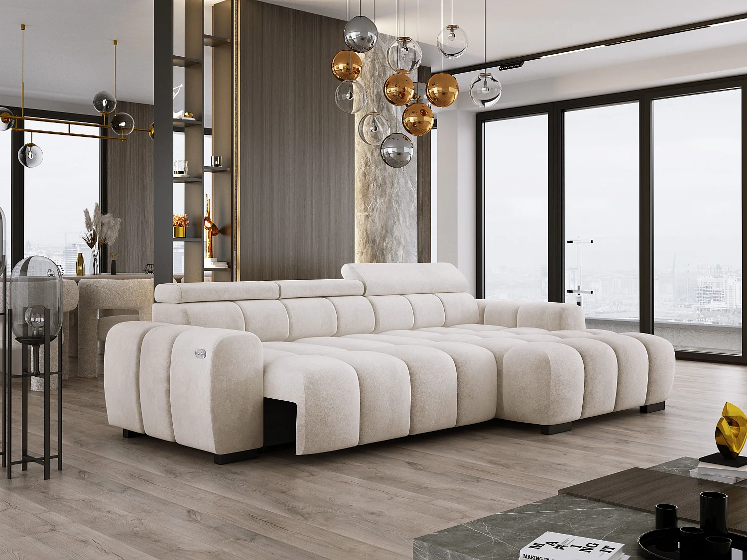 Narożnik OMBO 285x168x77/97 cm, Prawy, Spanie, elektr. siedzisko, zagłówki, ciemna bukowa noga, hydrofobowy materiał SALVADOR – Biały