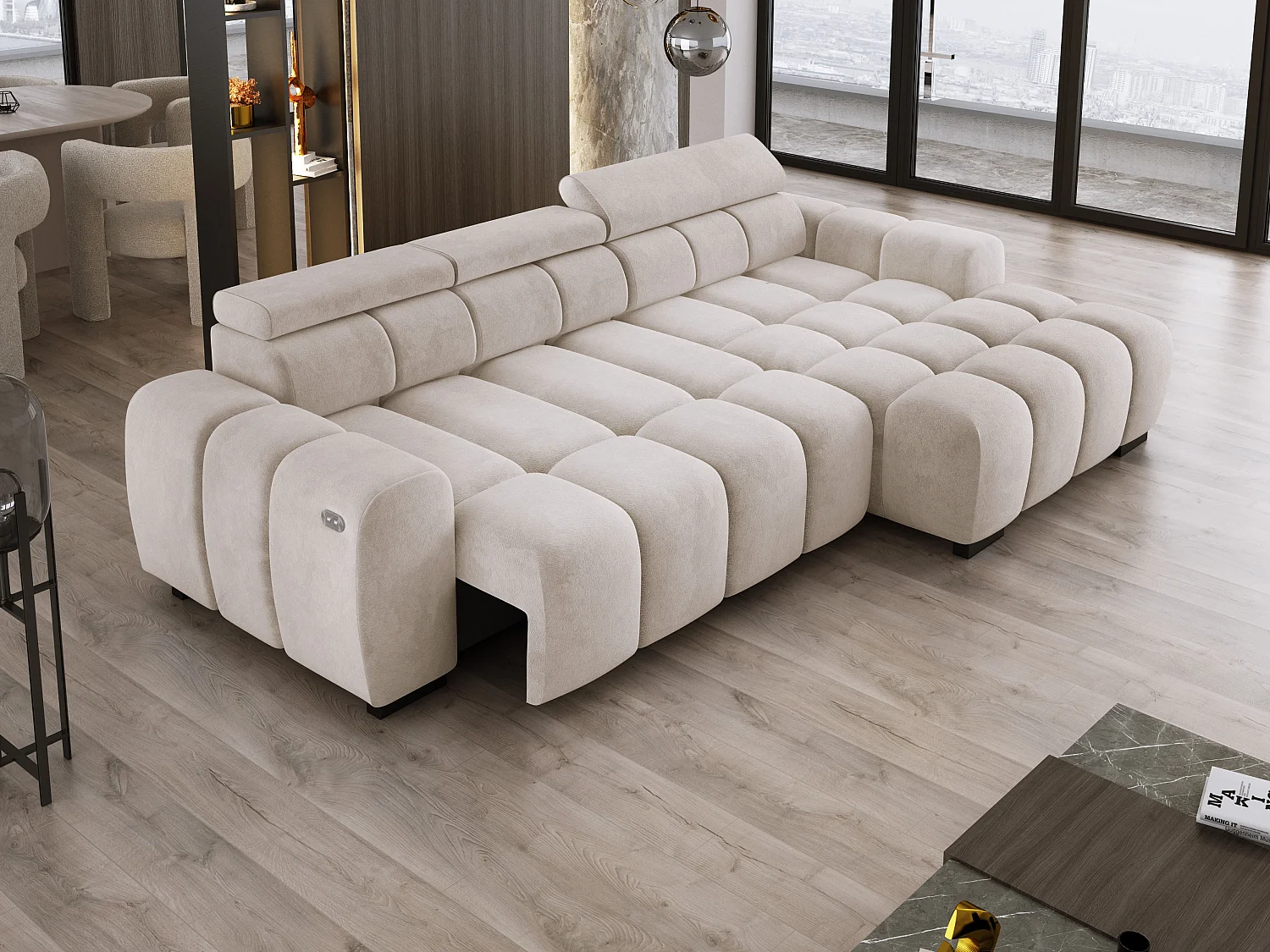 Narożnik OMBO 285x168x77/97 cm, Prawy, Spanie, elektr. siedzisko, zagłówki, ciemna bukowa noga, hydrofobowy materiał SALVADOR – Biały