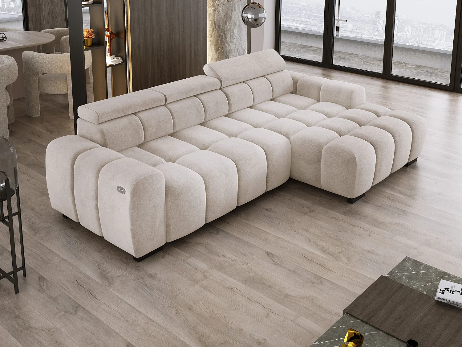 Narożnik OMBO 285x168x77/97 cm, Prawy, Spanie, elektr. siedzisko, zagłówki, ciemna bukowa noga, hydrofobowy materiał SALVADOR – Biały