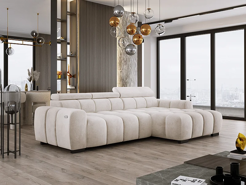 Narożnik OMBO 285x168x77/97 cm, Prawy, Spanie, elektr. siedzisko, zagłówki, ciemna bukowa noga, hydrofobowy materiał SALVADOR – Biały