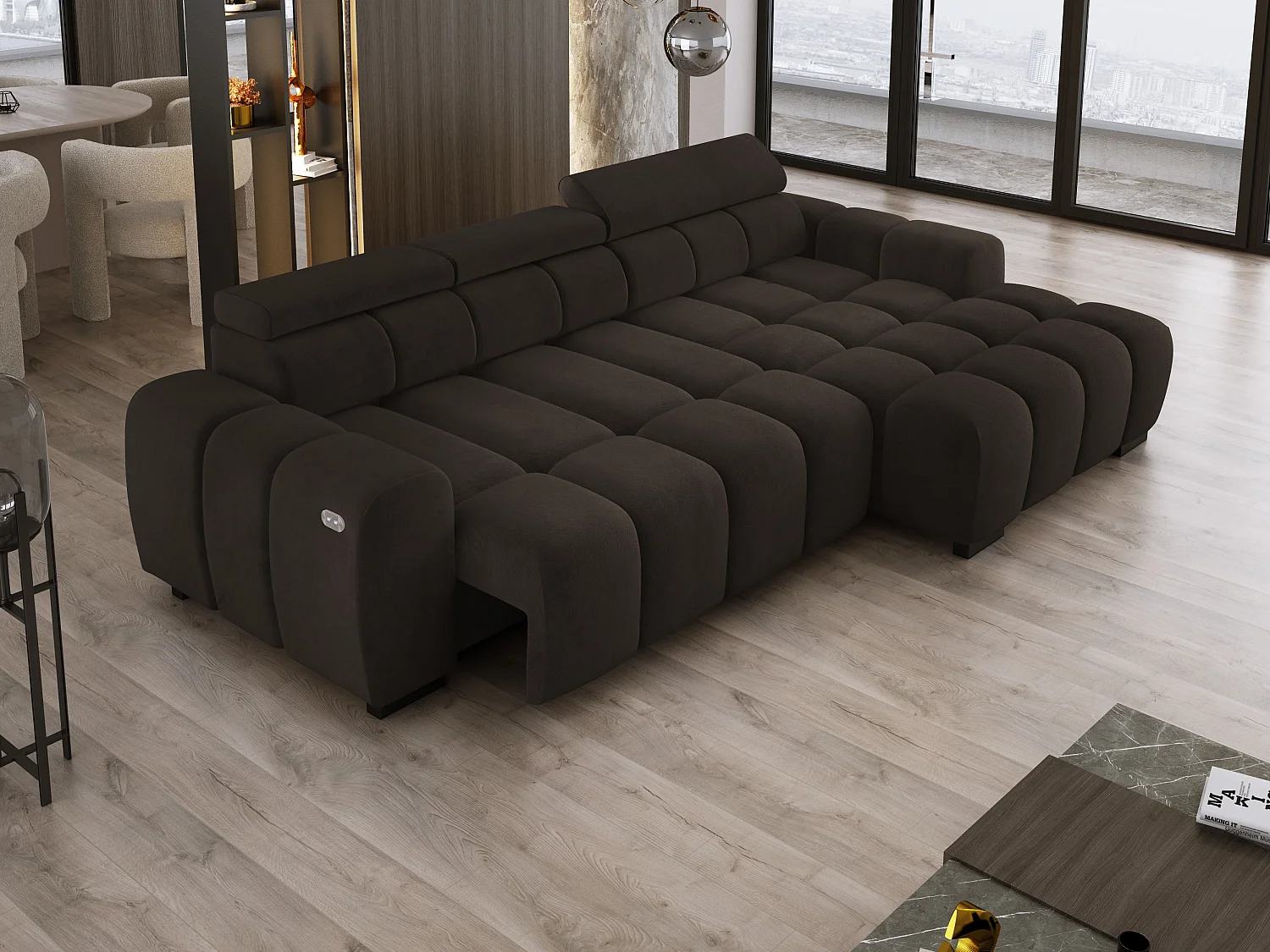 Hoekbank OMBO 285x168x77/97 cm, Rechterkant, Slaapfunctie, Elektrisch Uitschuifbaar Zitvlak, Verstelbare Hoofdsteunen, Grijze SALVADOR-stof