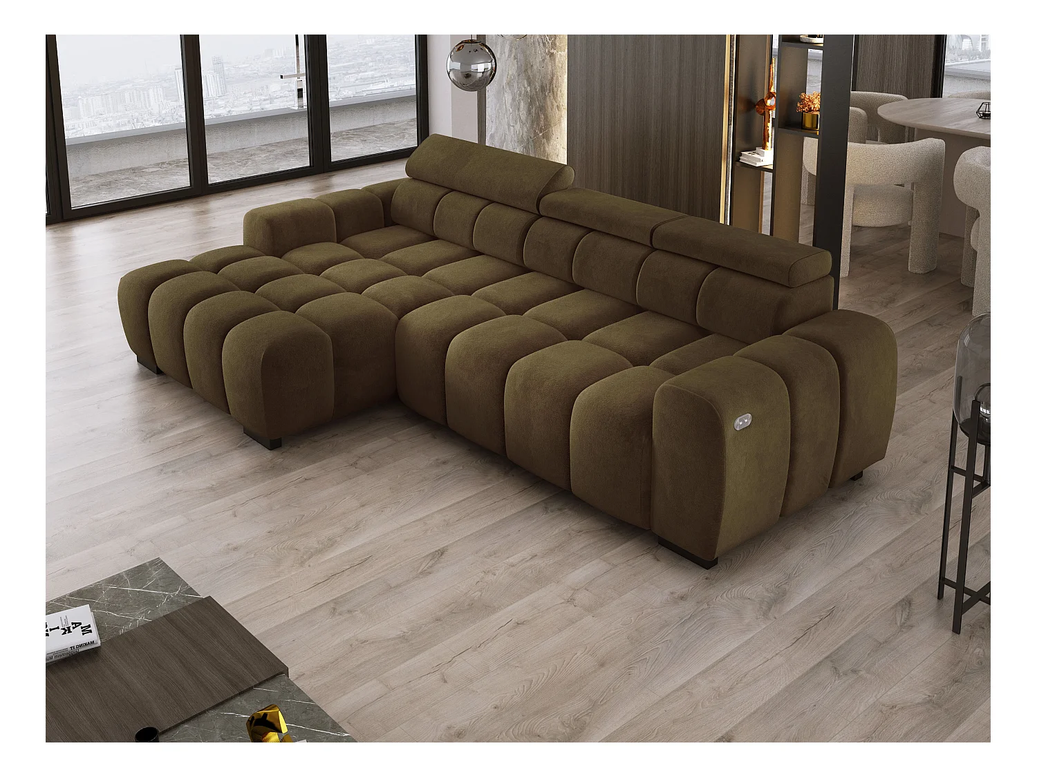 Narożnik OMBO 285x168x77/97 cm, Lewy, Spanie, elektr. siedzisko, zagłówki, ciemna bukowa noga, hydrofobowy materiał SALVADOR – Jesionowy