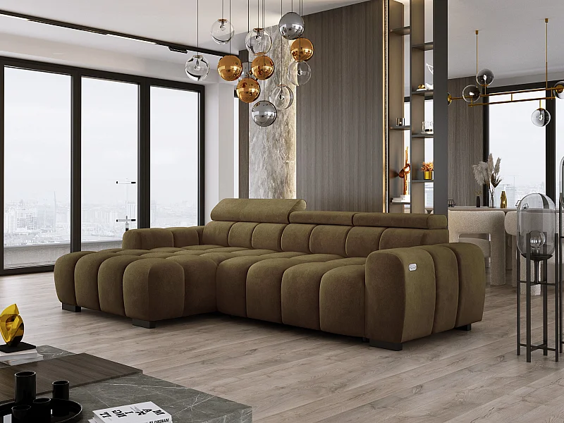 Hoekbank OMBO 285x168x77/97 cm, Linkerkant, Slaapfunctie, Elektrisch Uitschuifbaar Zitvlak, Verstelbare Hoofdsteunen, Essenhout SALVADOR-stof