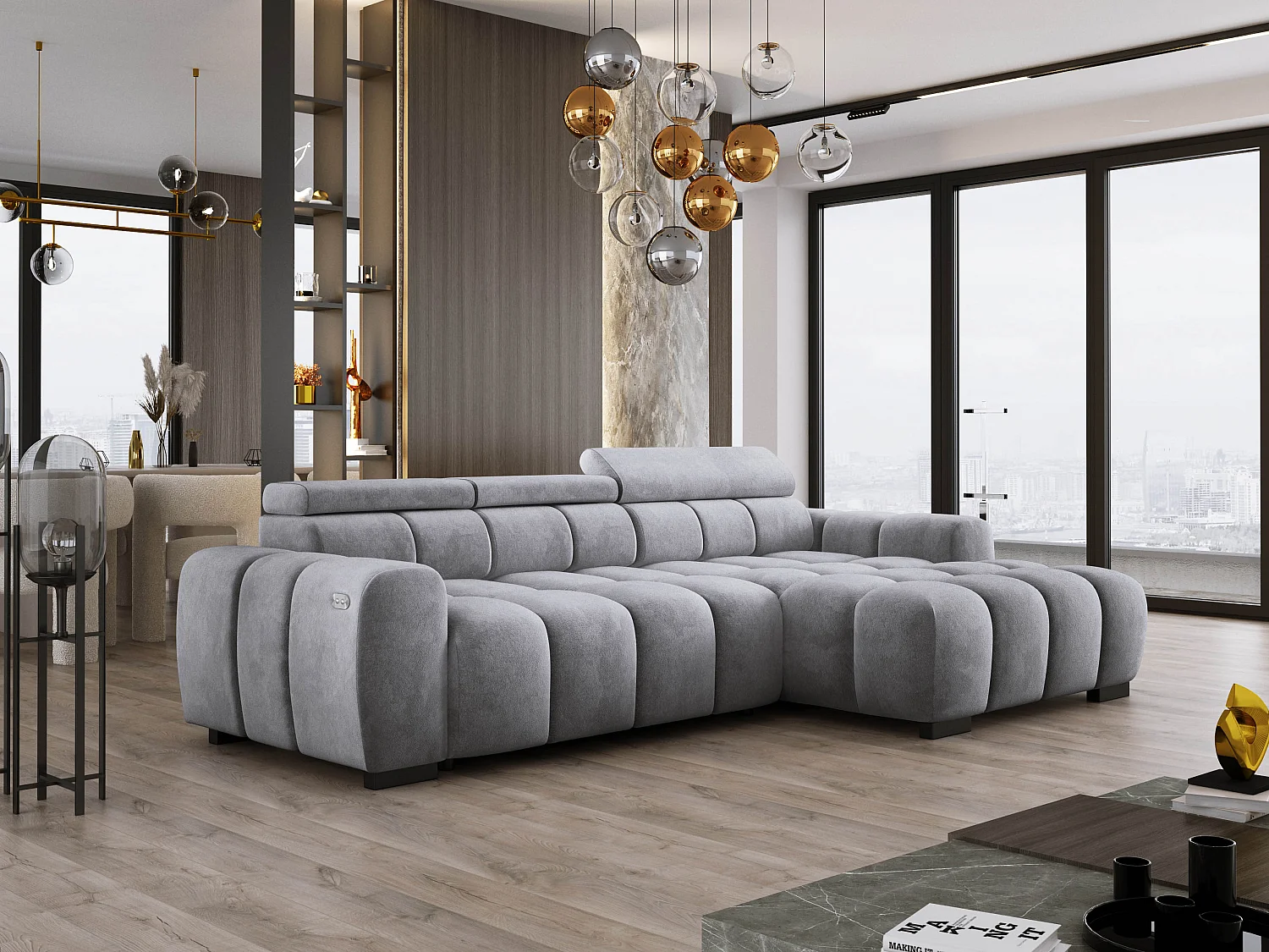 Hoekbank OMBO 285x168x77/97 cm, Rechterkant, Slaapfunctie, Elektrisch Uitschuifbaar Zitvlak, Verstelbare Hoofdsteunen, Zilveren SALVADOR-stof