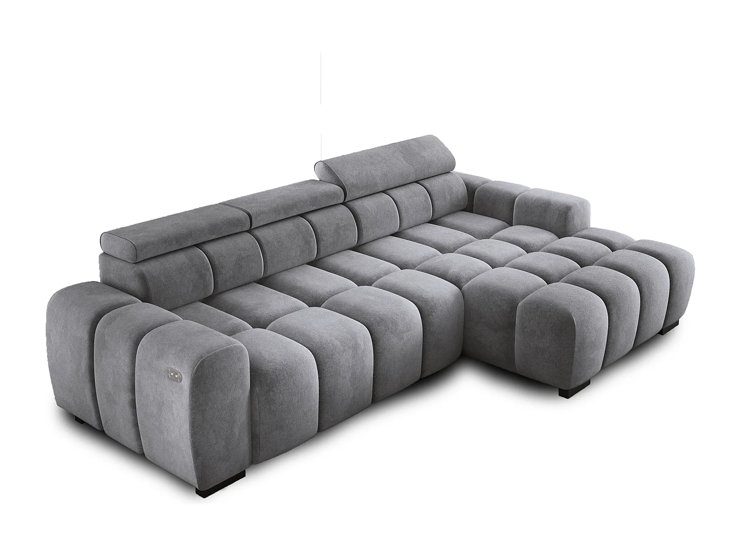 Hoekbank OMBO 285x168x77/97 cm, Rechterkant, Slaapfunctie, Elektrisch Uitschuifbaar Zitvlak, Verstelbare Hoofdsteunen, Zilveren SALVADOR-stof