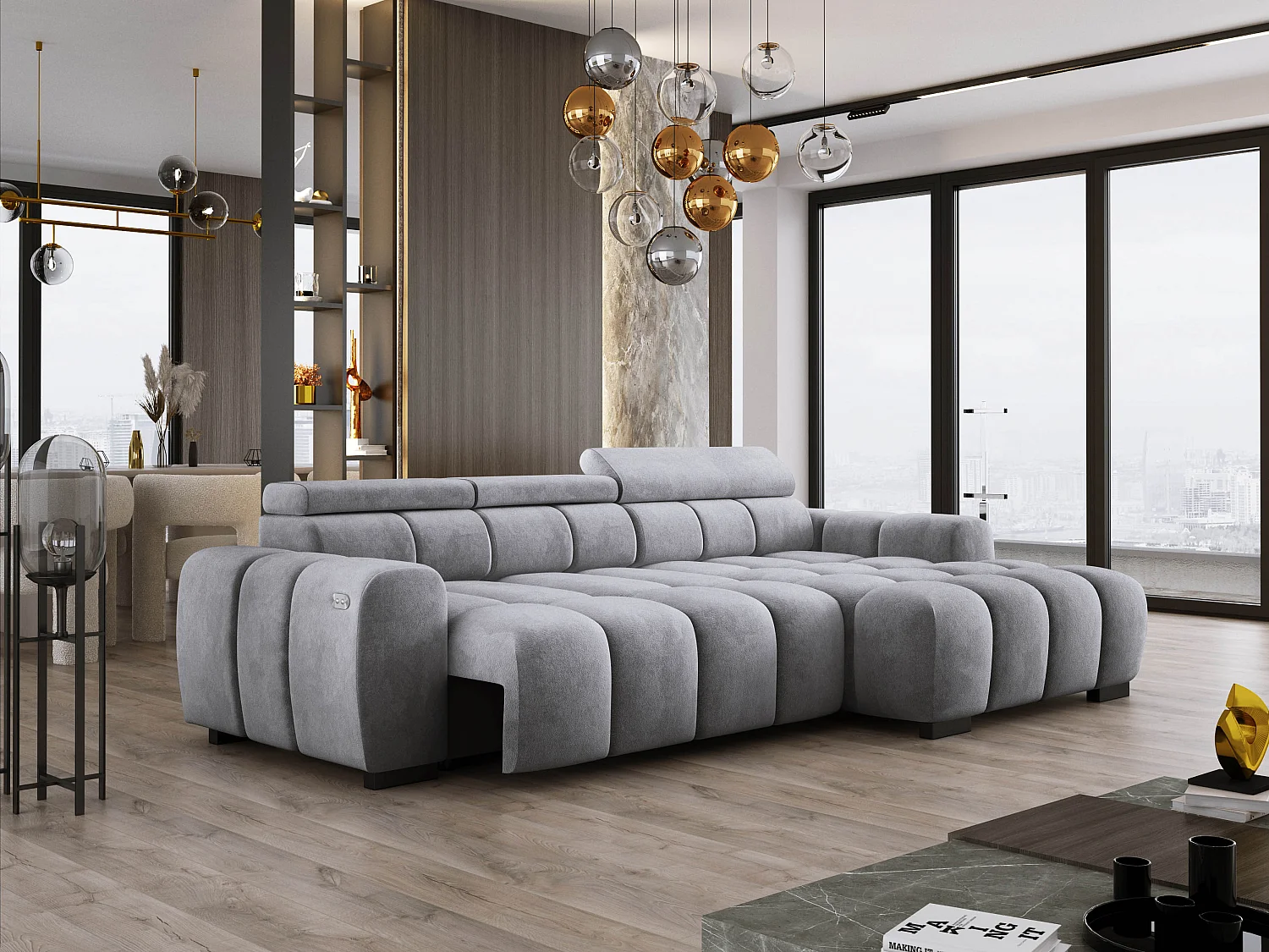 Hoekbank OMBO 285x168x77/97 cm, Rechterkant, Slaapfunctie, Elektrisch Uitschuifbaar Zitvlak, Verstelbare Hoofdsteunen, Zilveren SALVADOR-stof