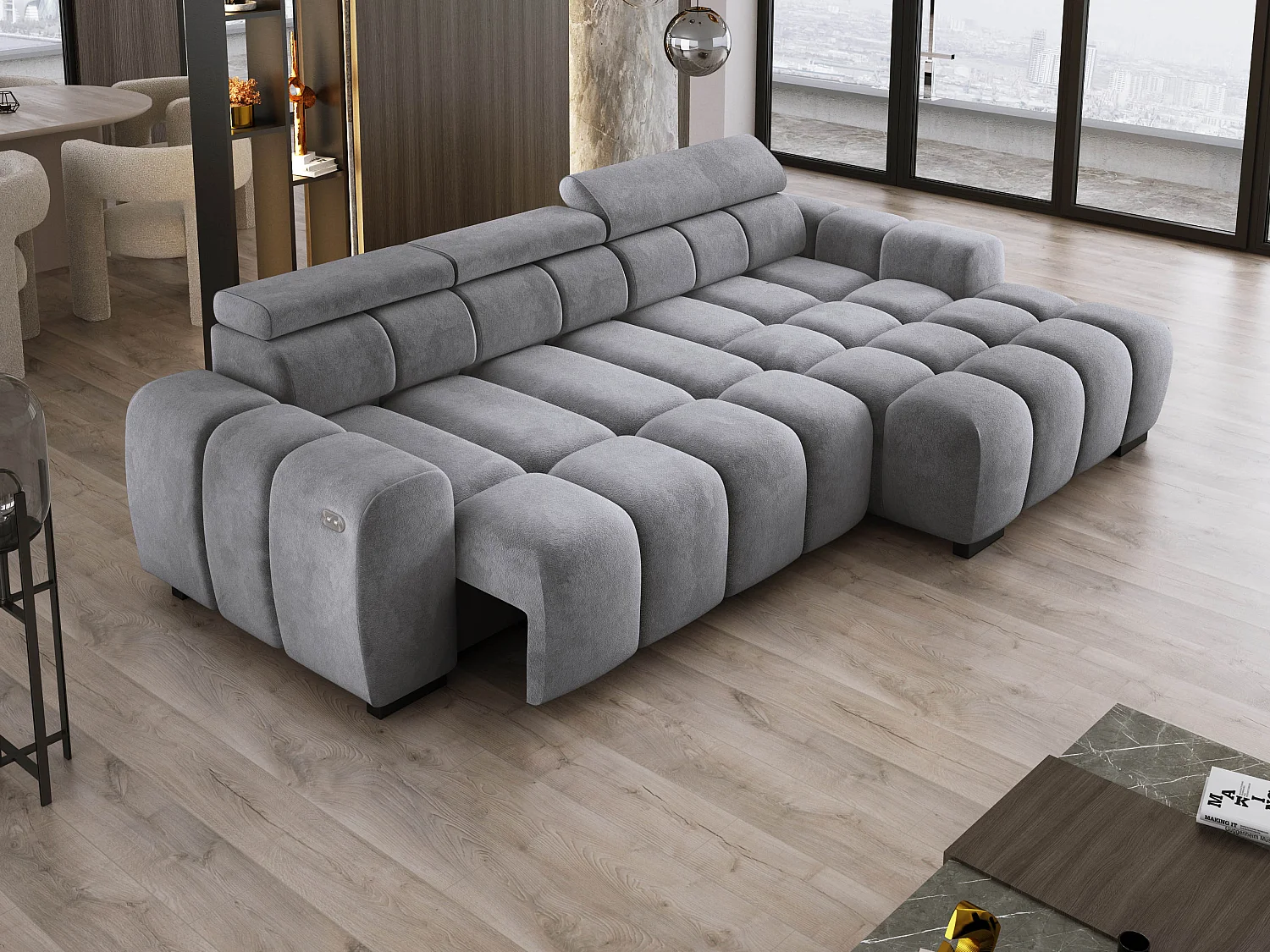 Hoekbank OMBO 285x168x77/97 cm, Rechterkant, Slaapfunctie, Elektrisch Uitschuifbaar Zitvlak, Verstelbare Hoofdsteunen, Zilveren SALVADOR-stof