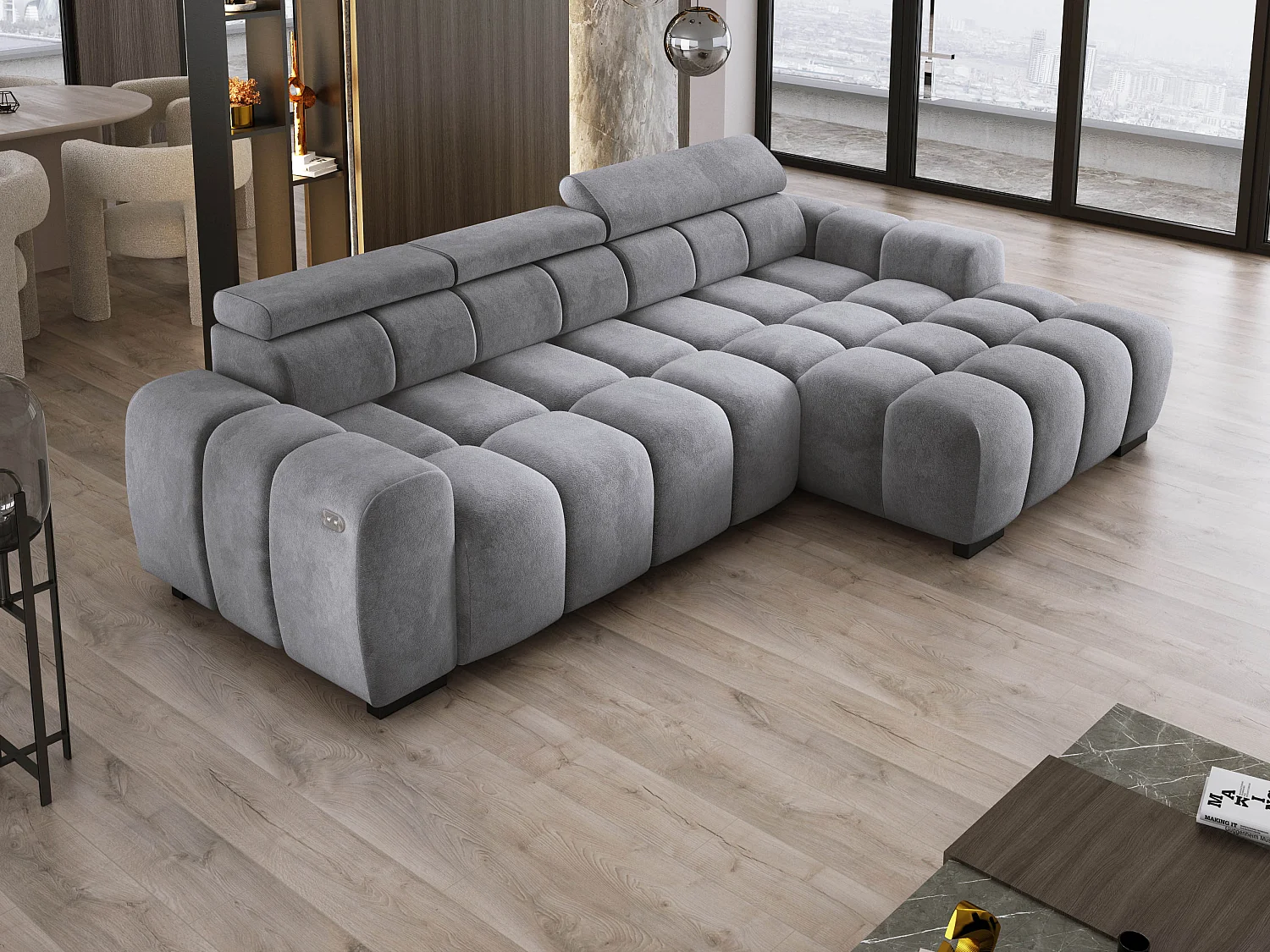 Hoekbank OMBO 285x168x77/97 cm, Rechterkant, Slaapfunctie, Elektrisch Uitschuifbaar Zitvlak, Verstelbare Hoofdsteunen, Zilveren SALVADOR-stof