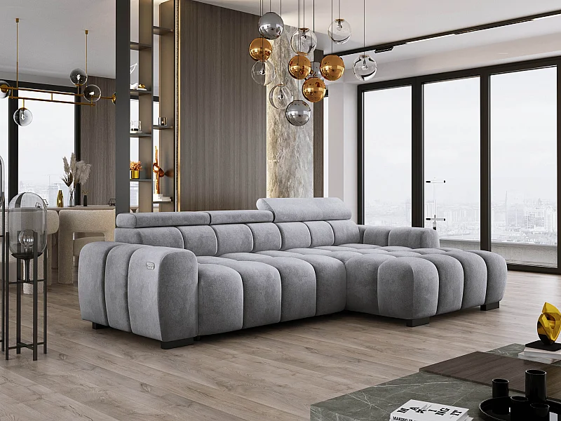 Canapé d'angle OMBO 285x168x77/97 cm, droite, convertible, siège électr., appuie-têtes, hêtre foncé, tissu hydrophobe SALVADOR – Argent