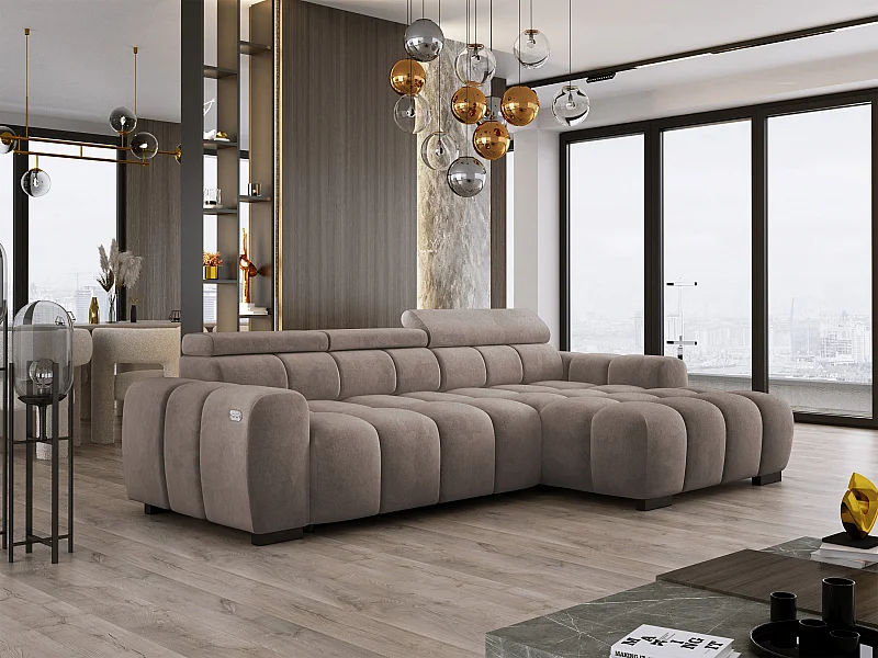 Ecksofa OMBO 285x168x77/97 cm, Rechts, Schlaffunktion, elektr. Sitz, Kopfstützen, Buche dunkel, hydrophober SALVADOR-Stoff – Cappuccino