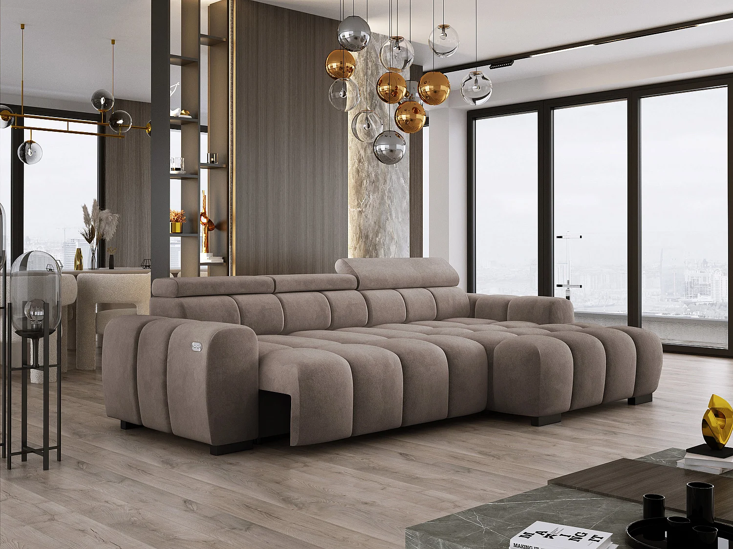 Hoekbank OMBO 285x168x77/97 cm, Rechterkant, Slaapfunctie, Elektrisch Uitschuifbaar Zitvlak, Verstelbare Hoofdsteunen, Cappuccino SALVADOR-stof