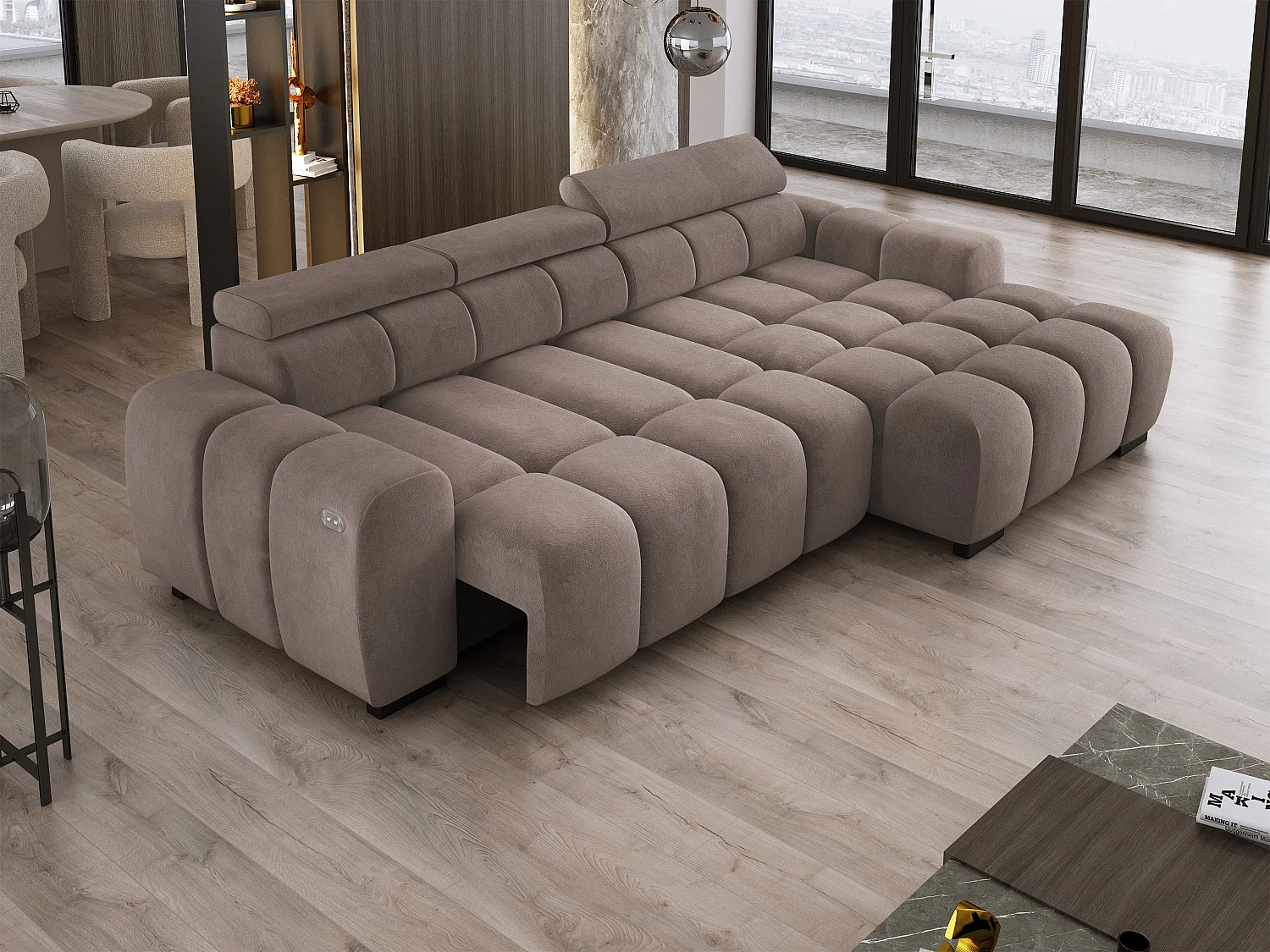 Hoekbank OMBO 285x168x77/97 cm, Rechterkant, Slaapfunctie, Elektrisch Uitschuifbaar Zitvlak, Verstelbare Hoofdsteunen, Cappuccino SALVADOR-stof