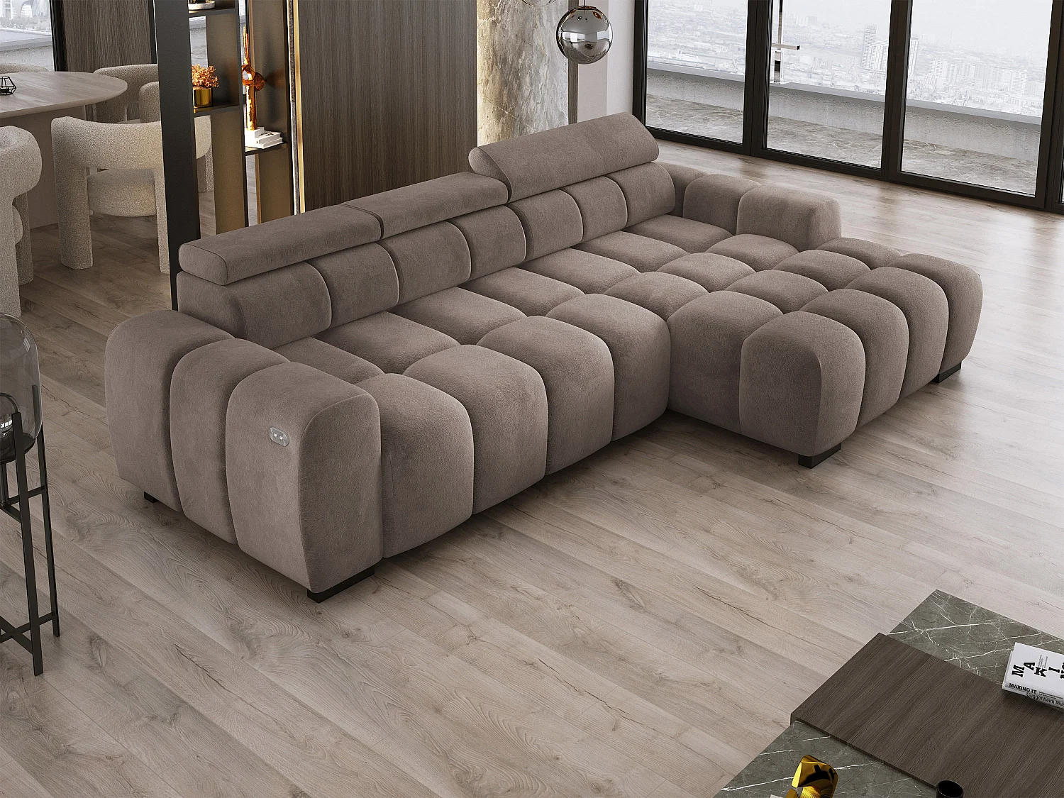 Hoekbank OMBO 285x168x77/97 cm, Rechterkant, Slaapfunctie, Elektrisch Uitschuifbaar Zitvlak, Verstelbare Hoofdsteunen, Cappuccino SALVADOR-stof