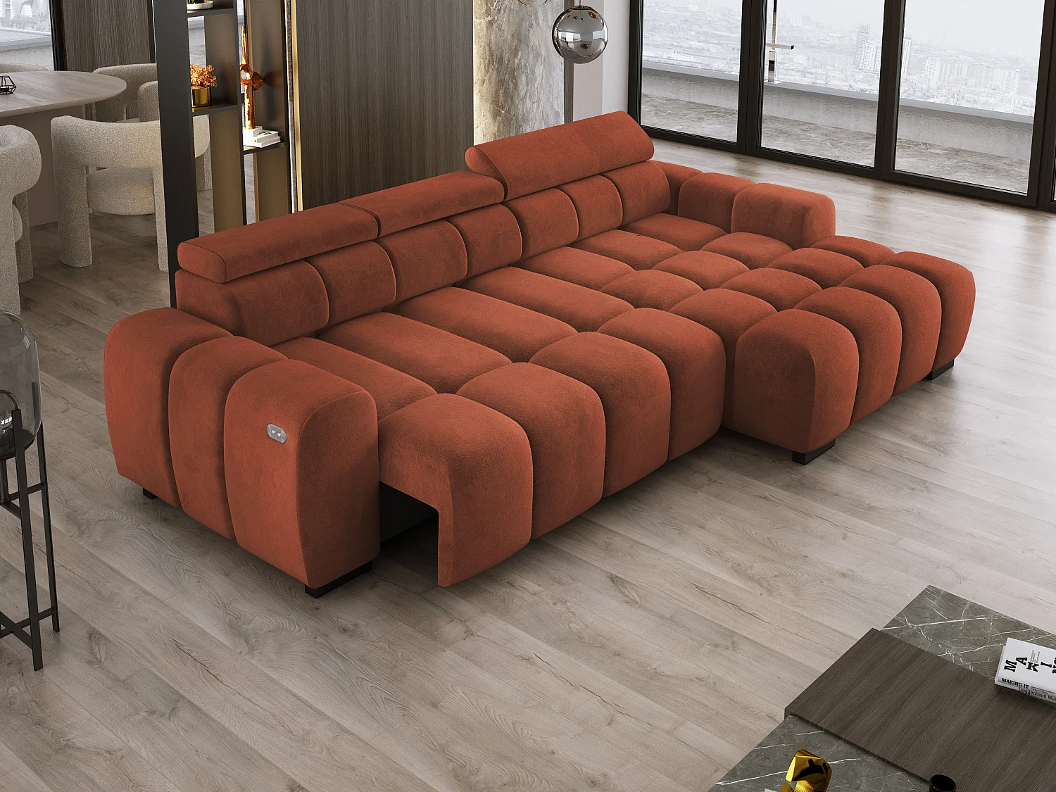 Ecksofa OMBO 285x168x77/97 cm, Rechts, Schlaffunktion, elektr. Sitz, Kopfstützen, Buche dunkel, hydrophober SALVADOR-Stoff – Olivgrün