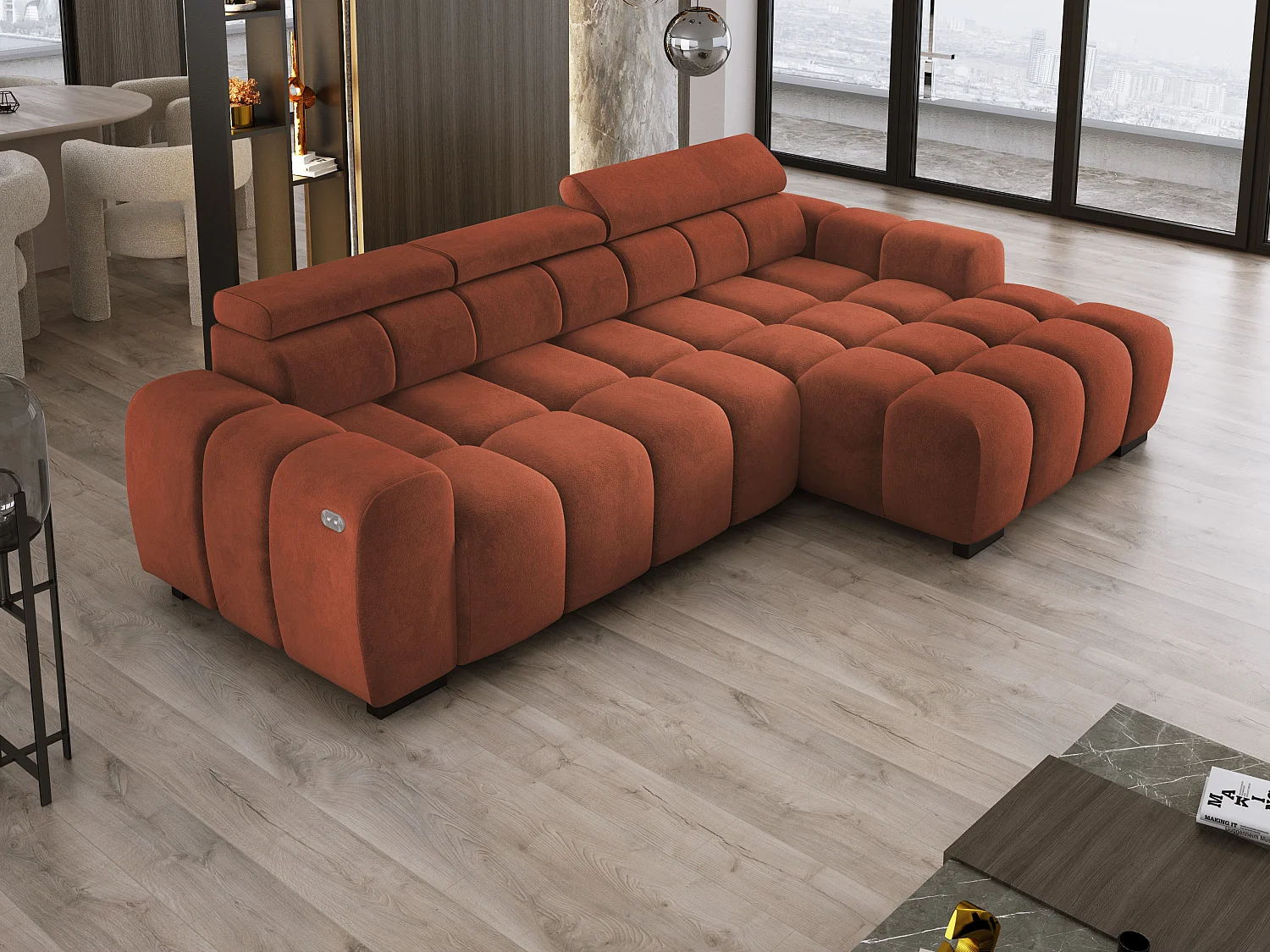 Ecksofa OMBO 285x168x77/97 cm, Rechts, Schlaffunktion, elektr. Sitz, Kopfstützen, Buche dunkel, hydrophober SALVADOR-Stoff – Olivgrün