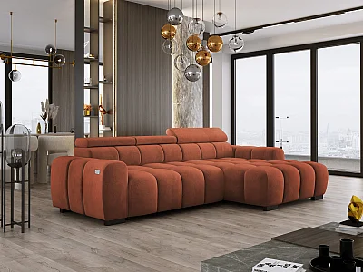 Hoekbank OMBO 285x168x77/97 cm, Rechterkant, Slaapfunctie, Elektrisch Uitschuifbaar Zitvlak, Verstelbare Hoofdsteunen, Olijfgroene SALVADOR-stof