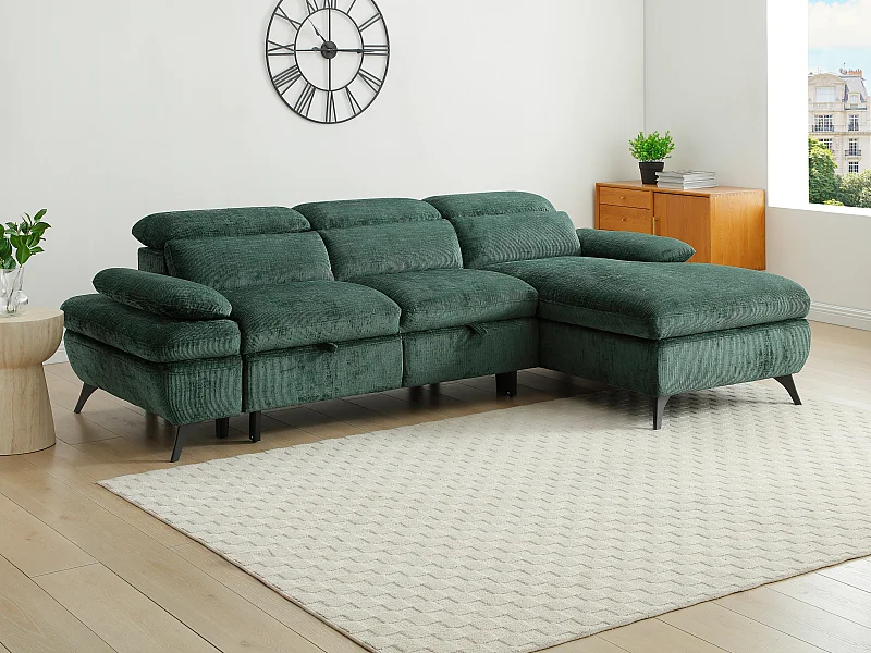 Kanapa narożna rozkładana z fakturowanej tkaniny z pojemnikiem na pościel zielona MORAVA