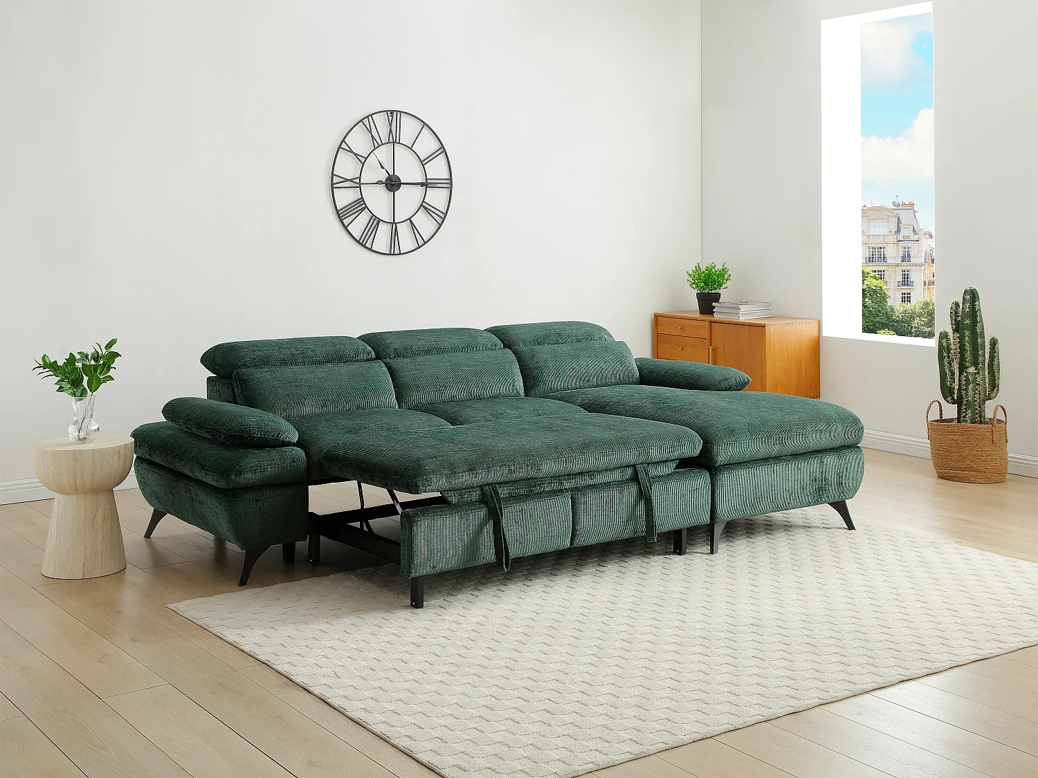 Canapé d'angle droit convertible en tissu texturé vert SURDELI