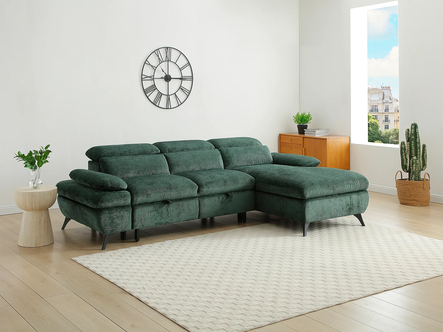 Canapé d'angle droit convertible en tissu texturé vert SURDELI