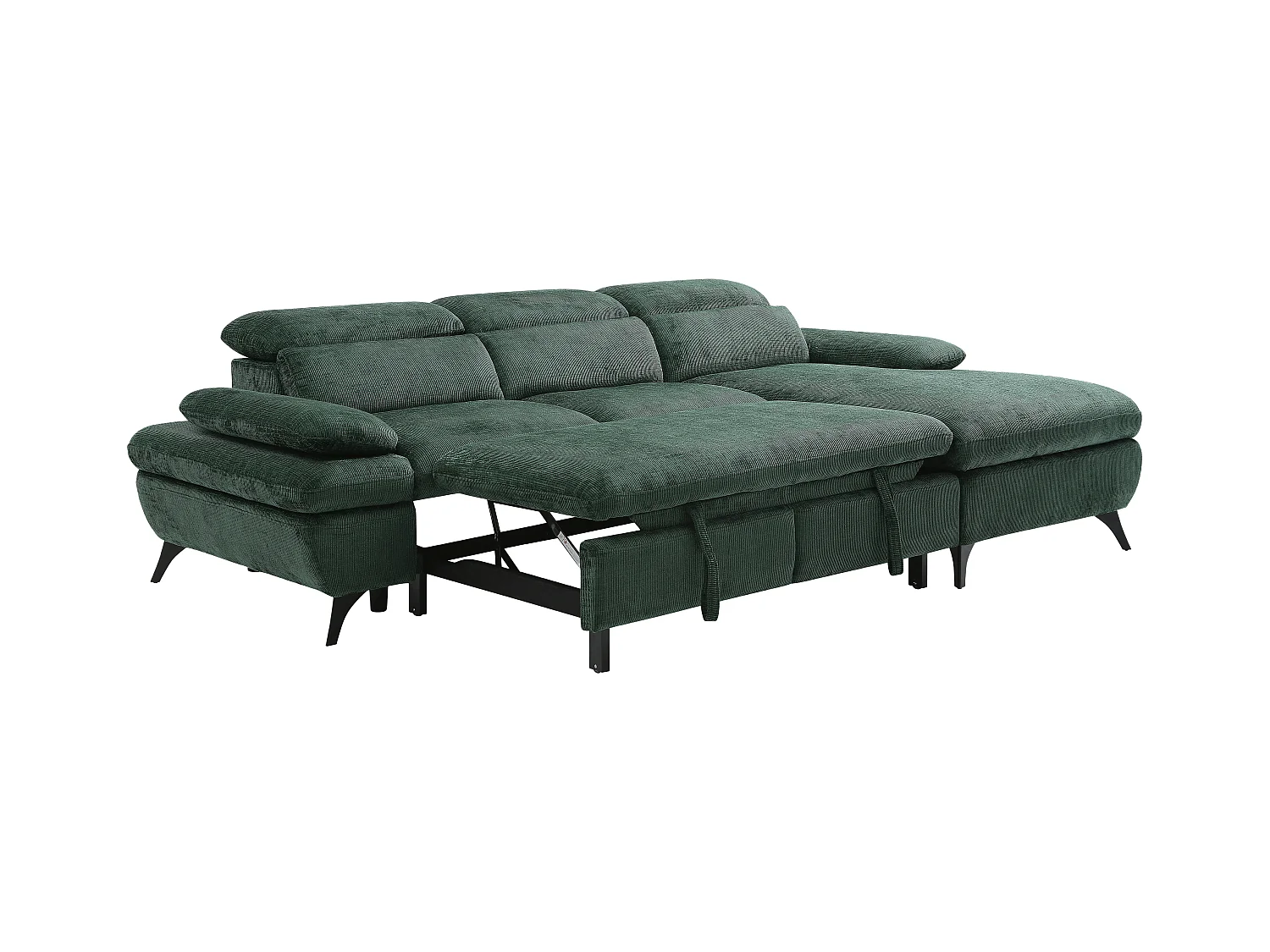 Højrevendt sovesofa i textureret stof med grøn opbevaringsskuffe MORAVA