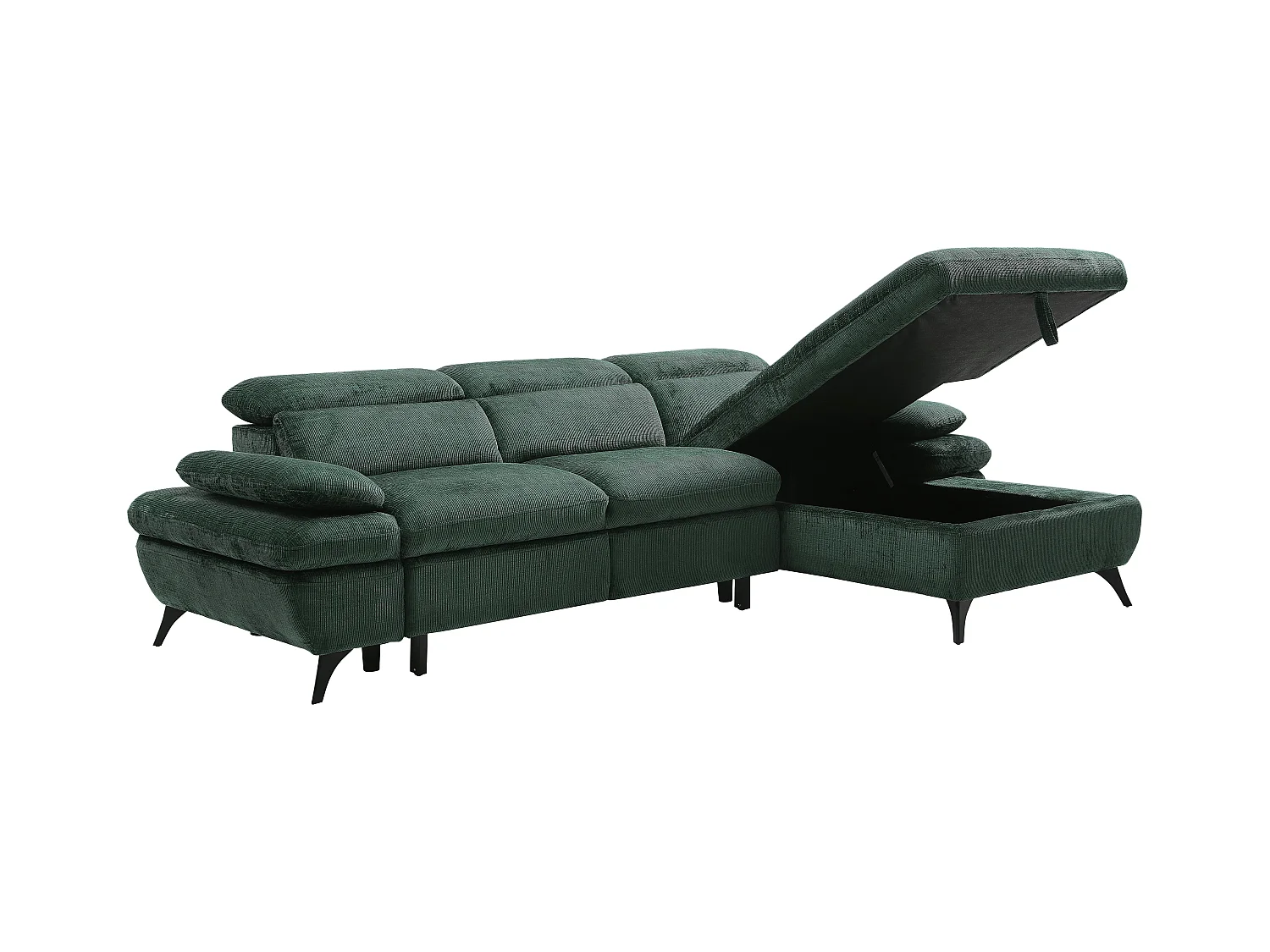 Højrevendt sovesofa i textureret stof med grøn opbevaringsskuffe MORAVA