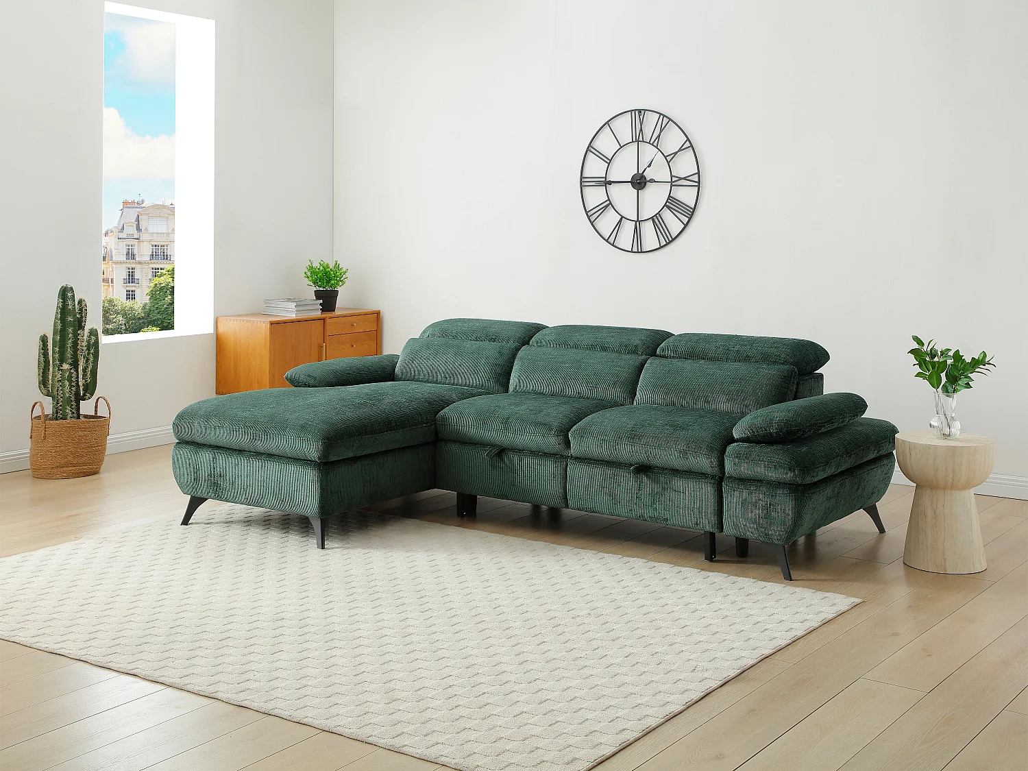 Canapé d'angle gauche convertible en tissu texturé avec coffre de rangement vert MORAVA