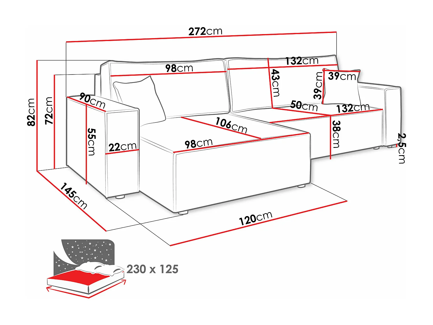 Canapé d'angle Shelton 107, Brun clair, Fonction de couchage, Boîte de literie, 272x145cm