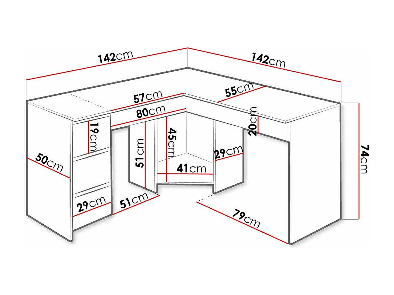 Mesa de ordenador esquinera Comfivo 391, Con cajones, Número de cajones: 3, 74x142x142cm