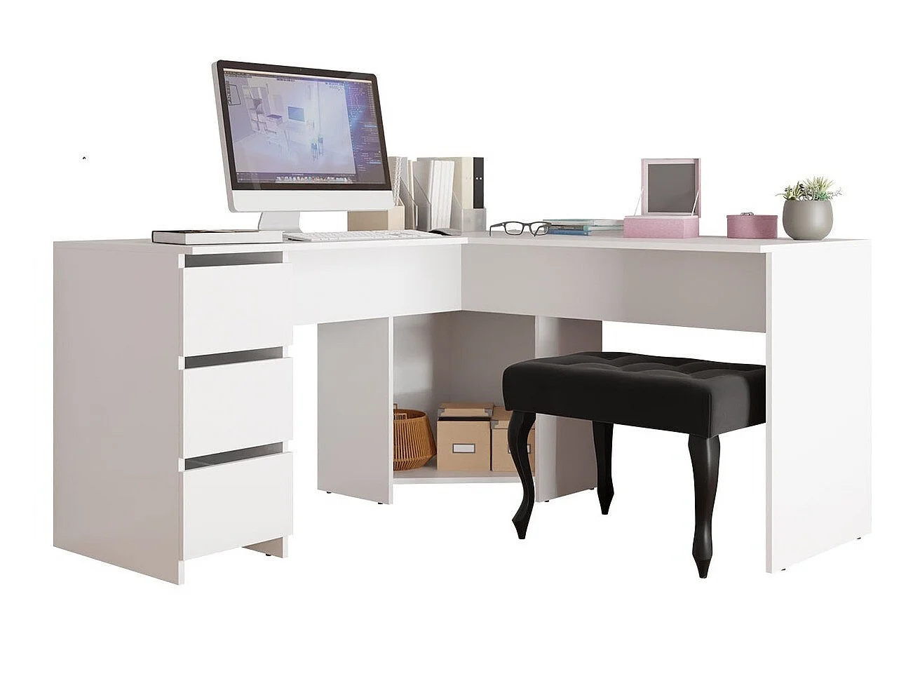Bureau d'angle Comfivo 391, Avec tiroirs, Nombre de tiroirs: 3, 74x142x142cm, Blanc