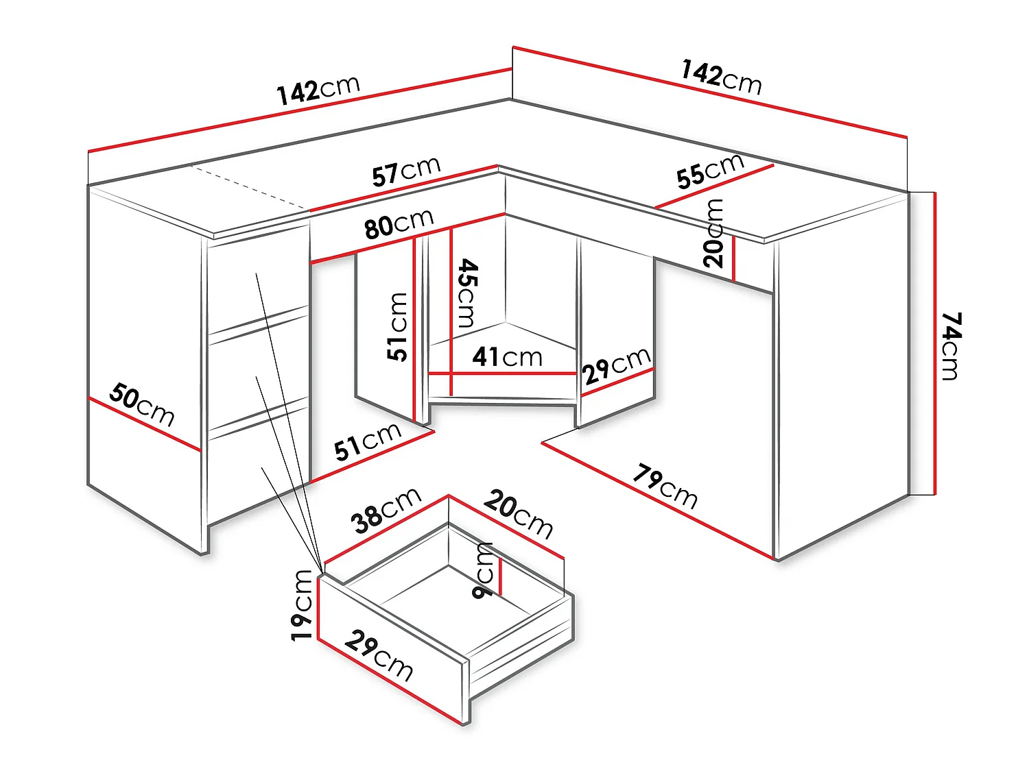 Bureau d'angle Comfivo 391, Avec tiroirs, Nombre de tiroirs: 3, 74x142x142cm, Blanc