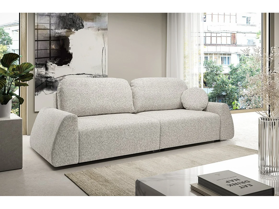 Canapé-lit ALMI avec couchage 120x200 cm, coffre, tissu Excite Me, accoudoirs trapèze, style scandinave, 260x100x80 cm, beige