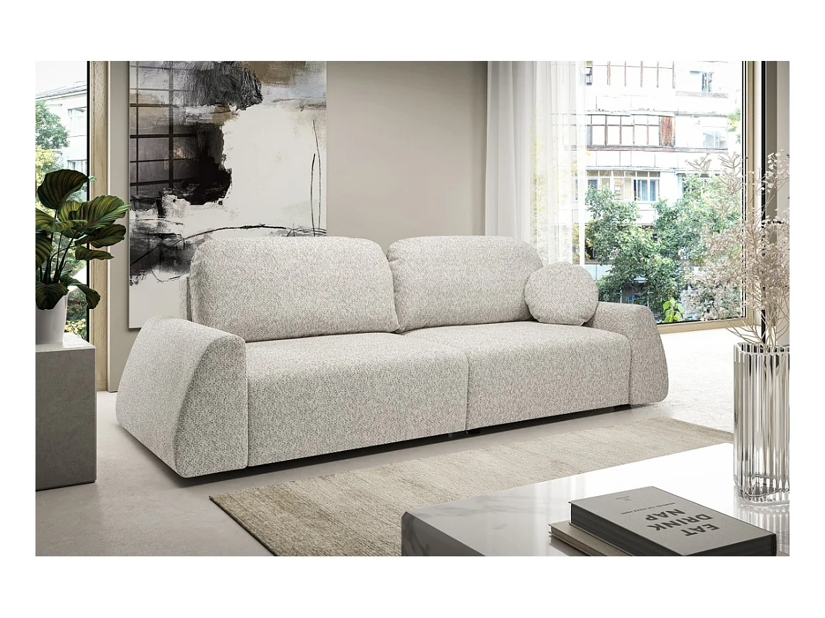 Canapé-lit ALMI avec couchage 120x200 cm, coffre, tissu Excite Me, accoudoirs trapèze, style scandinave, 260x100x80 cm, beige