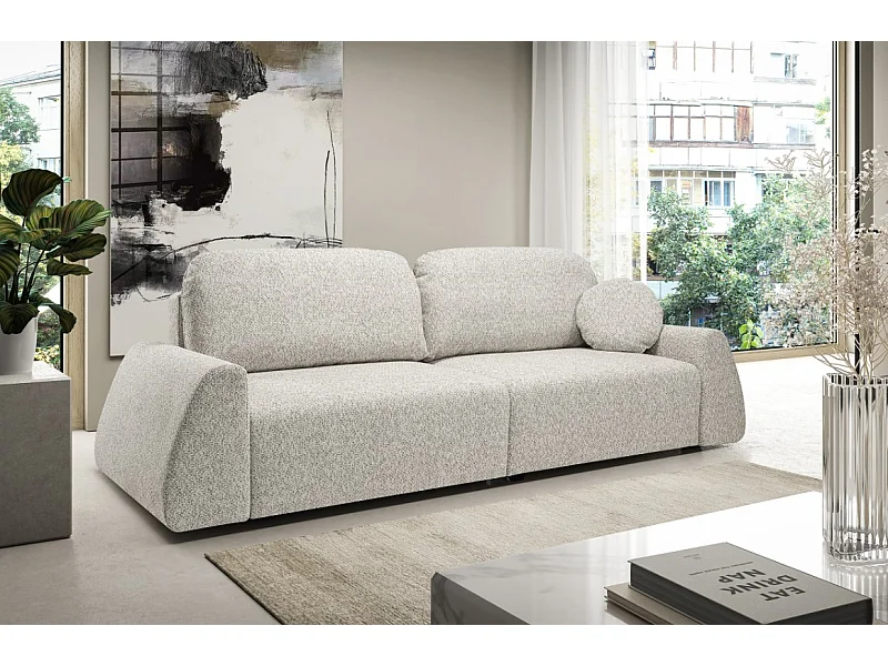 Canapé-lit ALMI avec couchage 120x200 cm, coffre, tissu Excite Me, accoudoirs trapèze, style scandinave, 260x100x80 cm, beige