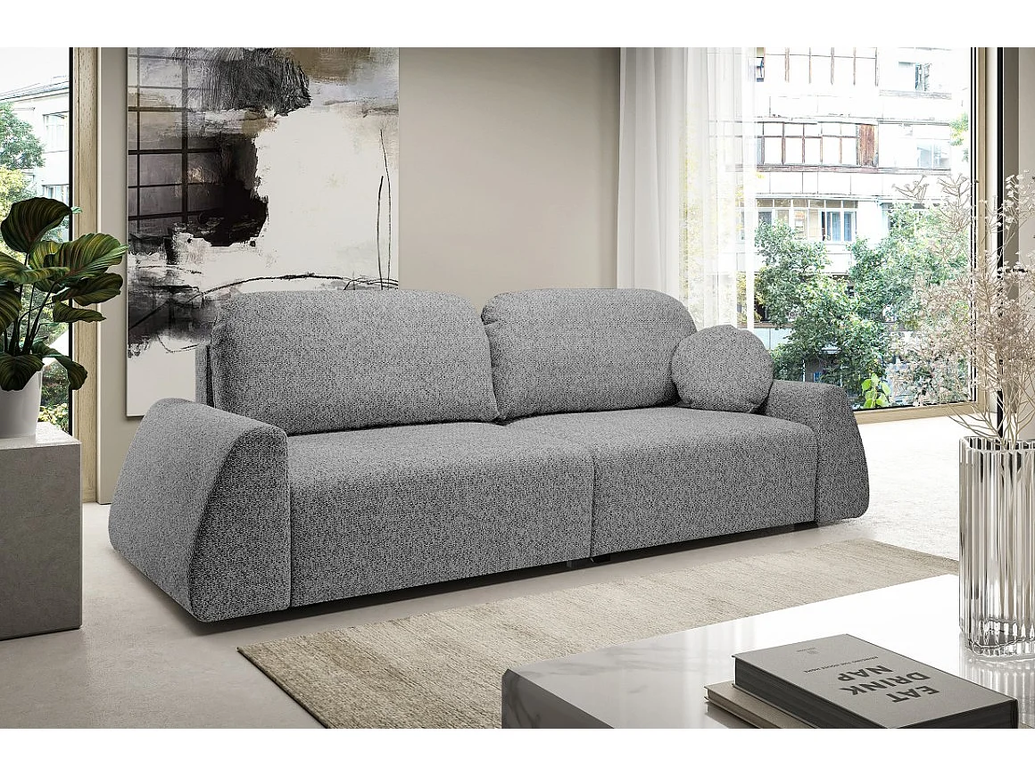 Sofa rozkładana ALMI 120x200cm z funkcją spania pojemnik na pościel tkanina Excite Me trapezowe podłokietniki skandynawski styl 260x100x80cm szary